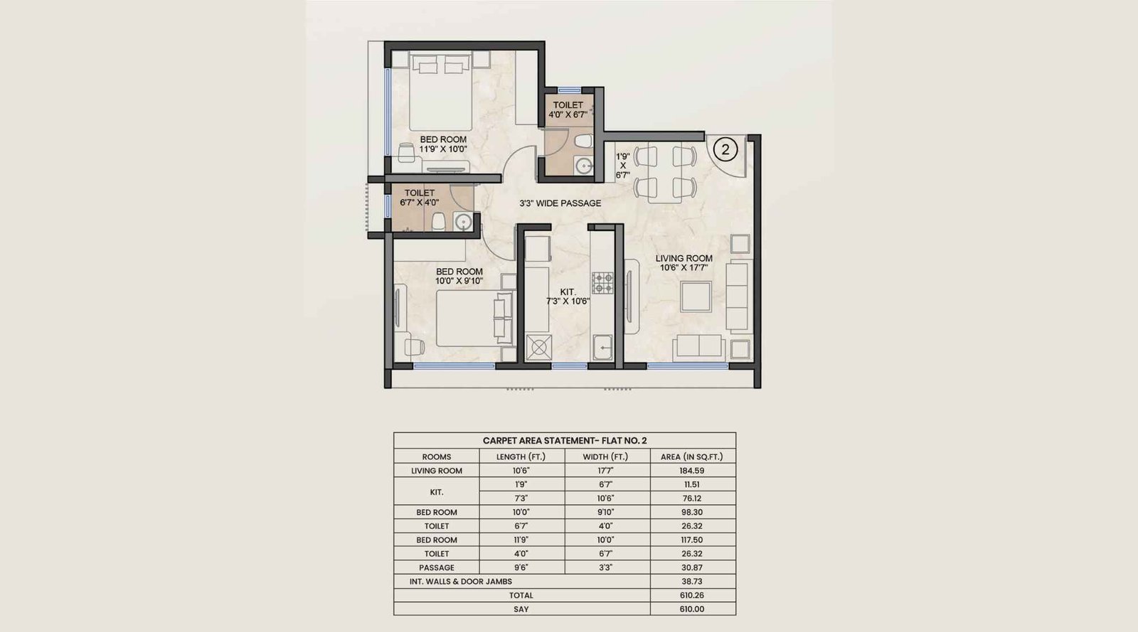 Platinum Crest-Unit-Plan-610-Sqft-2-BHK